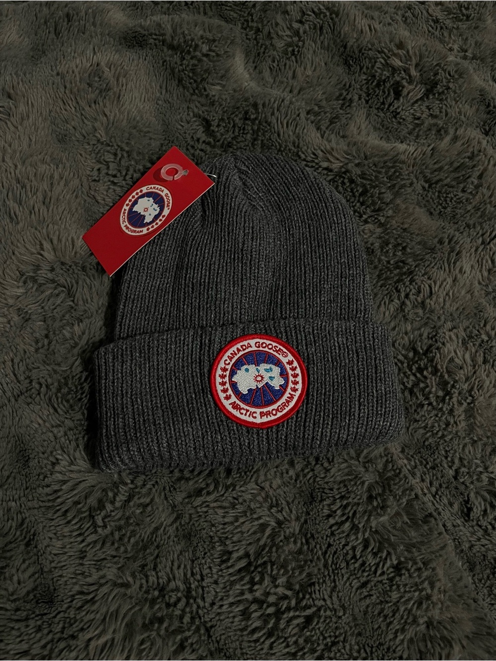 Canada Goose Dark Gray Rib-Knit Cuff Beanie with Red Patch
